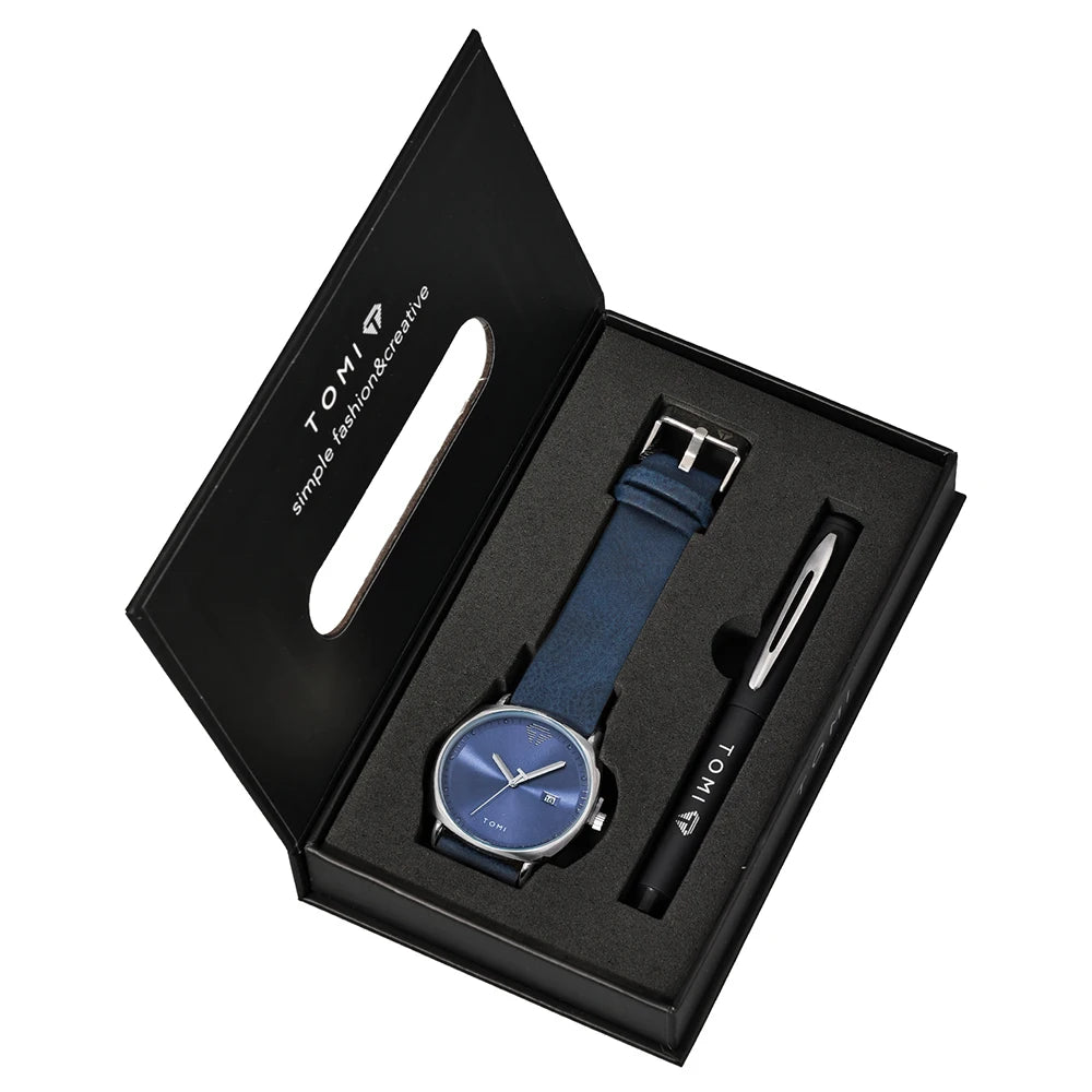 TOMI New 2PCS Luxury Business Men Watch Gift Box Set Simple and Casual Men Calendar Quartz Watch Pen Reloj Men Holiday Gift