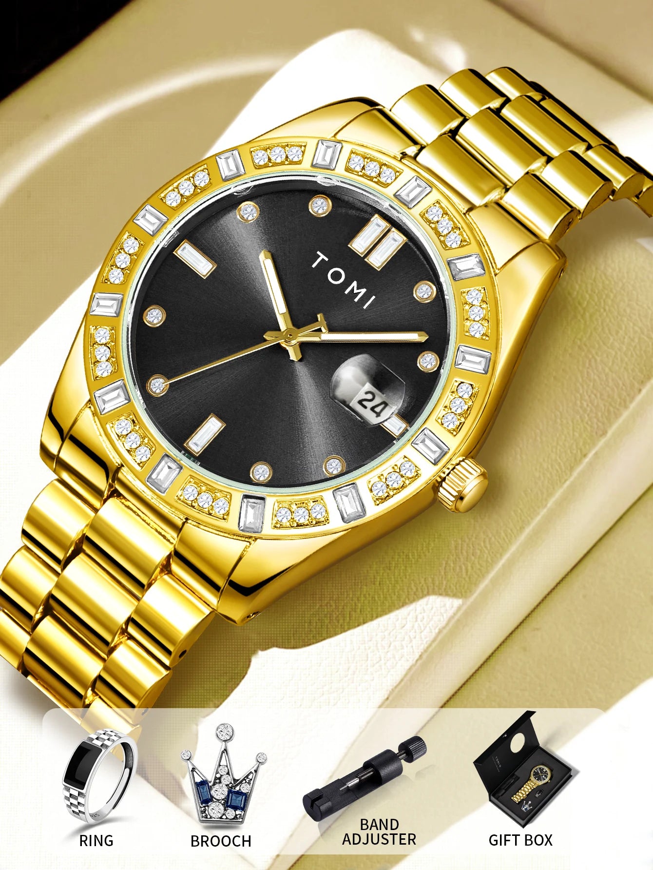 TOMI 4PCS Luxury Business Men's Watch Gift Box Set Luxury Diamond Case Calendar Stainless Steel Strap Quartz Watch Men's Clock