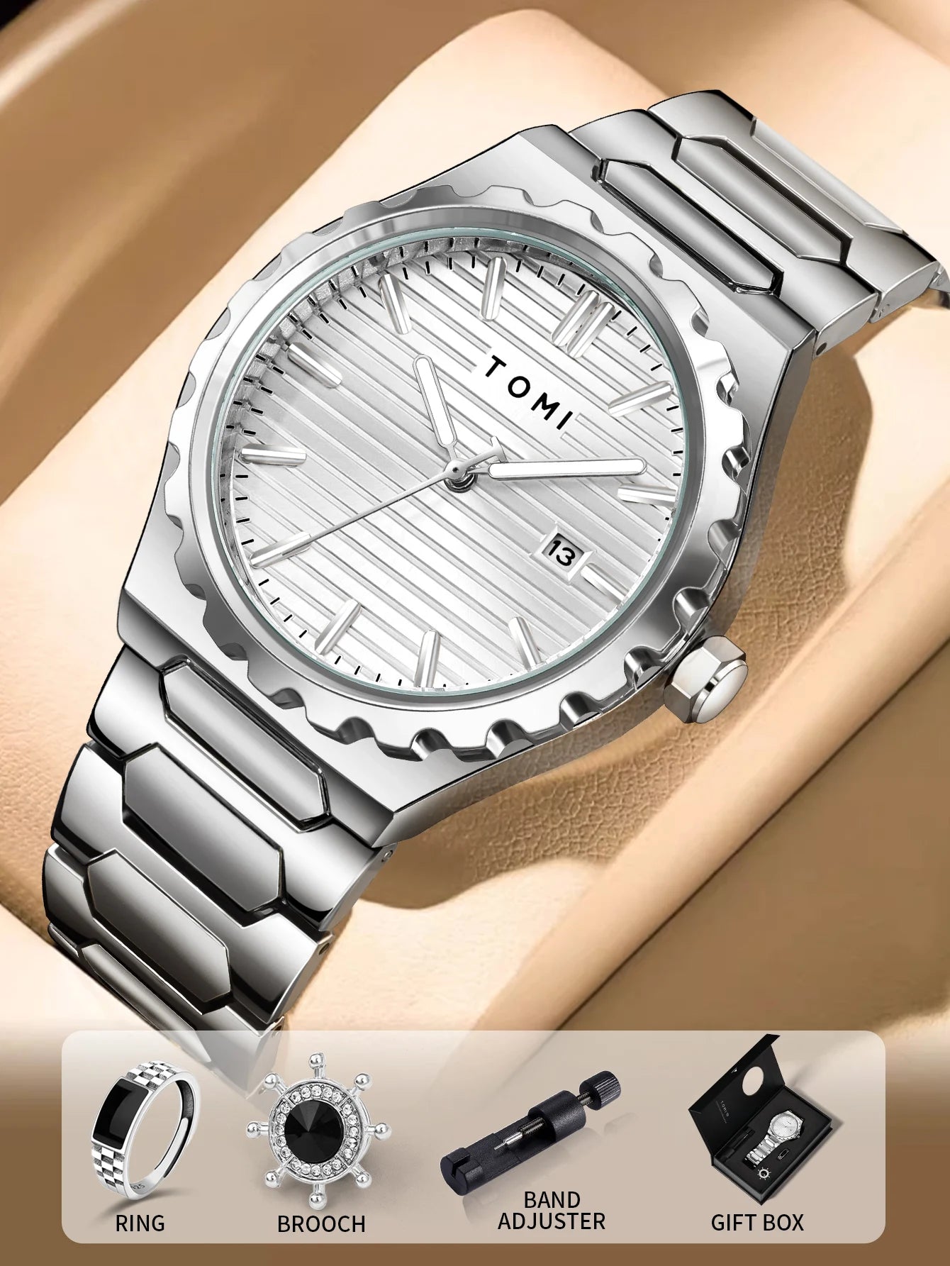 TOMI New 4PCS Luxury Men Watch Gift Set High Quality Steel Strip Striped Dial Calendar Men Quartz Watch Clock Gifts Reloj