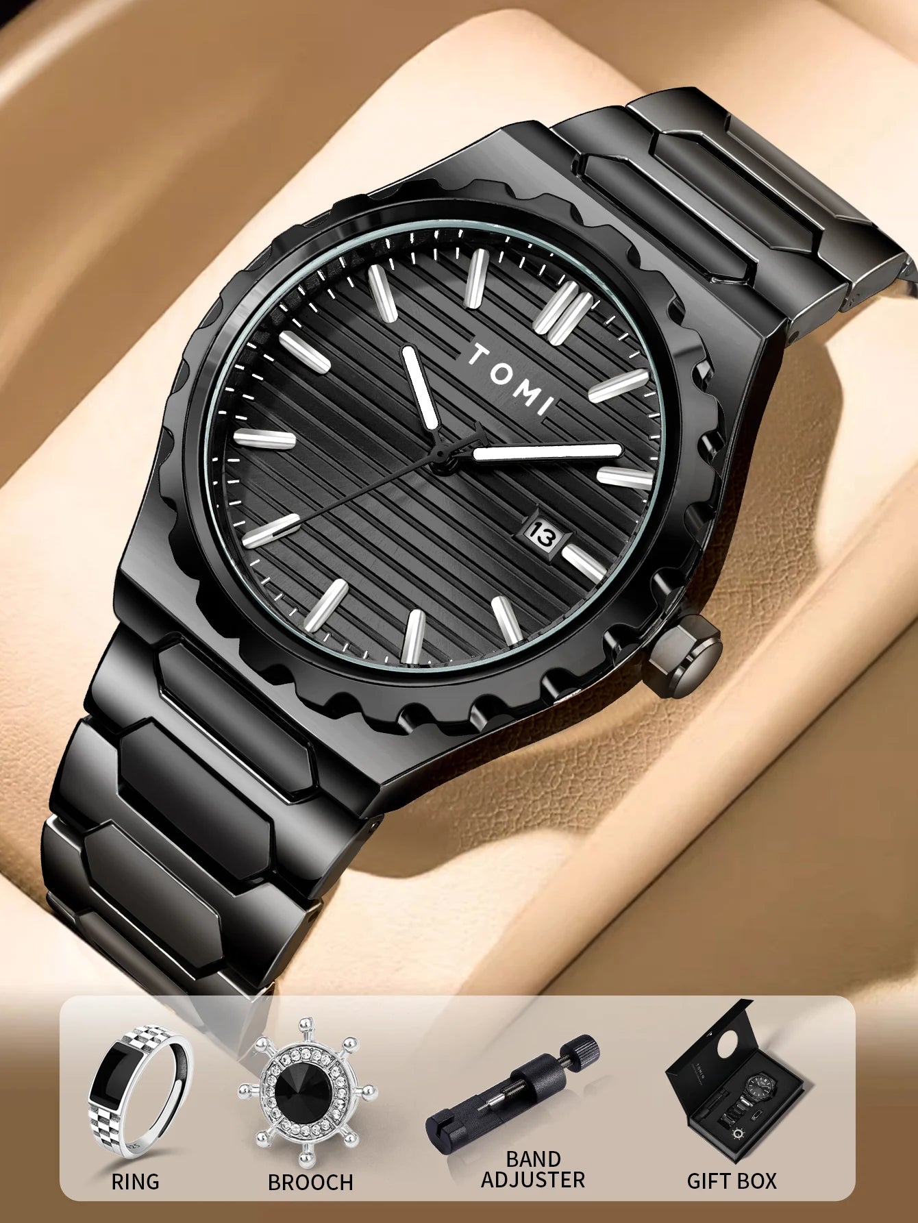 TOMI New 4PCS Luxury Men Watch Gift Set High Quality Steel Strip Striped Dial Calendar Men Quartz Watch Clock Gifts Reloj