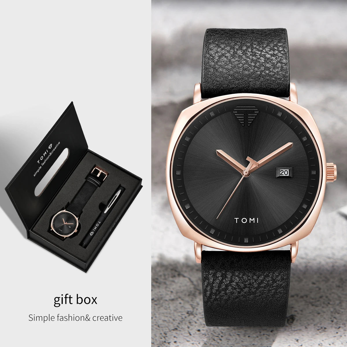 TOMI New 2PCS Luxury Business Men Watch Gift Box Set Simple and Casual Men Calendar Quartz Watch Pen Reloj Men Holiday Gift