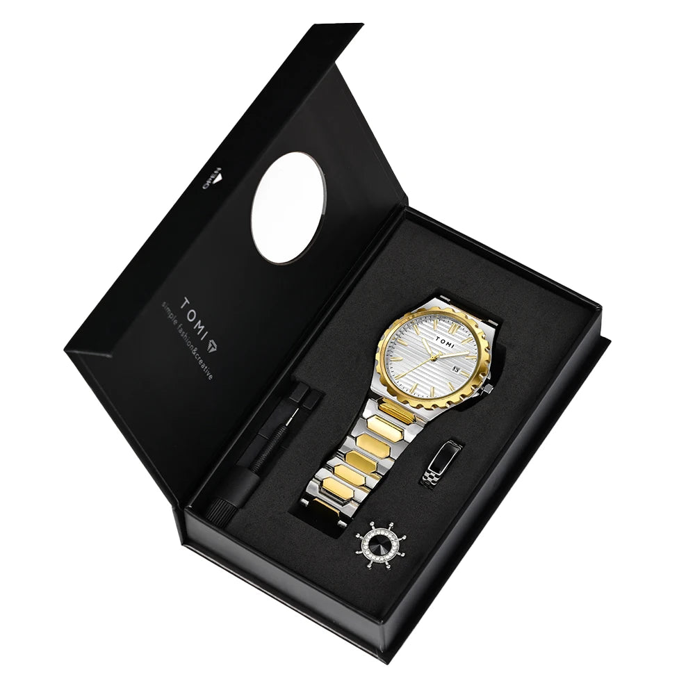 TOMI New 4PCS Luxury Men Watch Gift Set High Quality Steel Strip Striped Dial Calendar Men Quartz Watch Clock Gifts Reloj