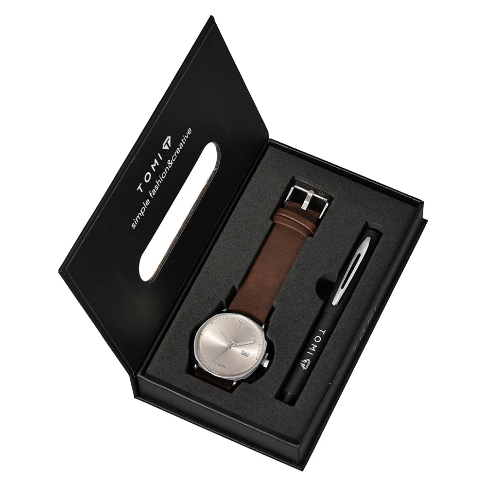 TOMI New 2PCS Luxury Business Men Watch Gift Box Set Simple and Casual Men Calendar Quartz Watch Pen Reloj Men Holiday Gift