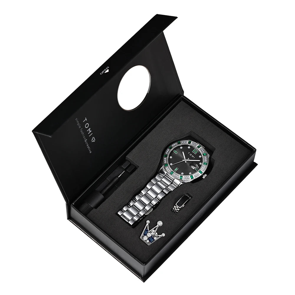 TOMI 4PCS Luxury Business Men's Watch Gift Box Set Luxury Diamond Case Calendar Stainless Steel Strap Quartz Watch Men's Clock