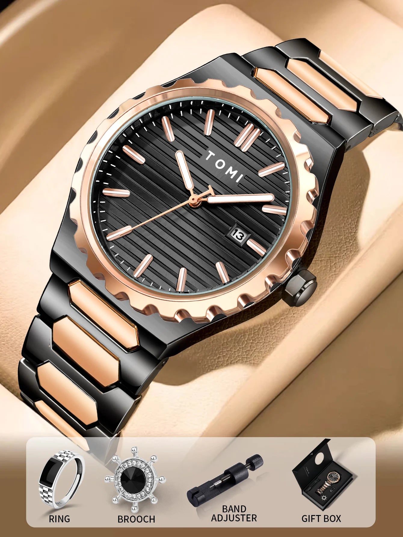 TOMI New 4PCS Luxury Men Watch Gift Set High Quality Steel Strip Striped Dial Calendar Men Quartz Watch Clock Gifts Reloj