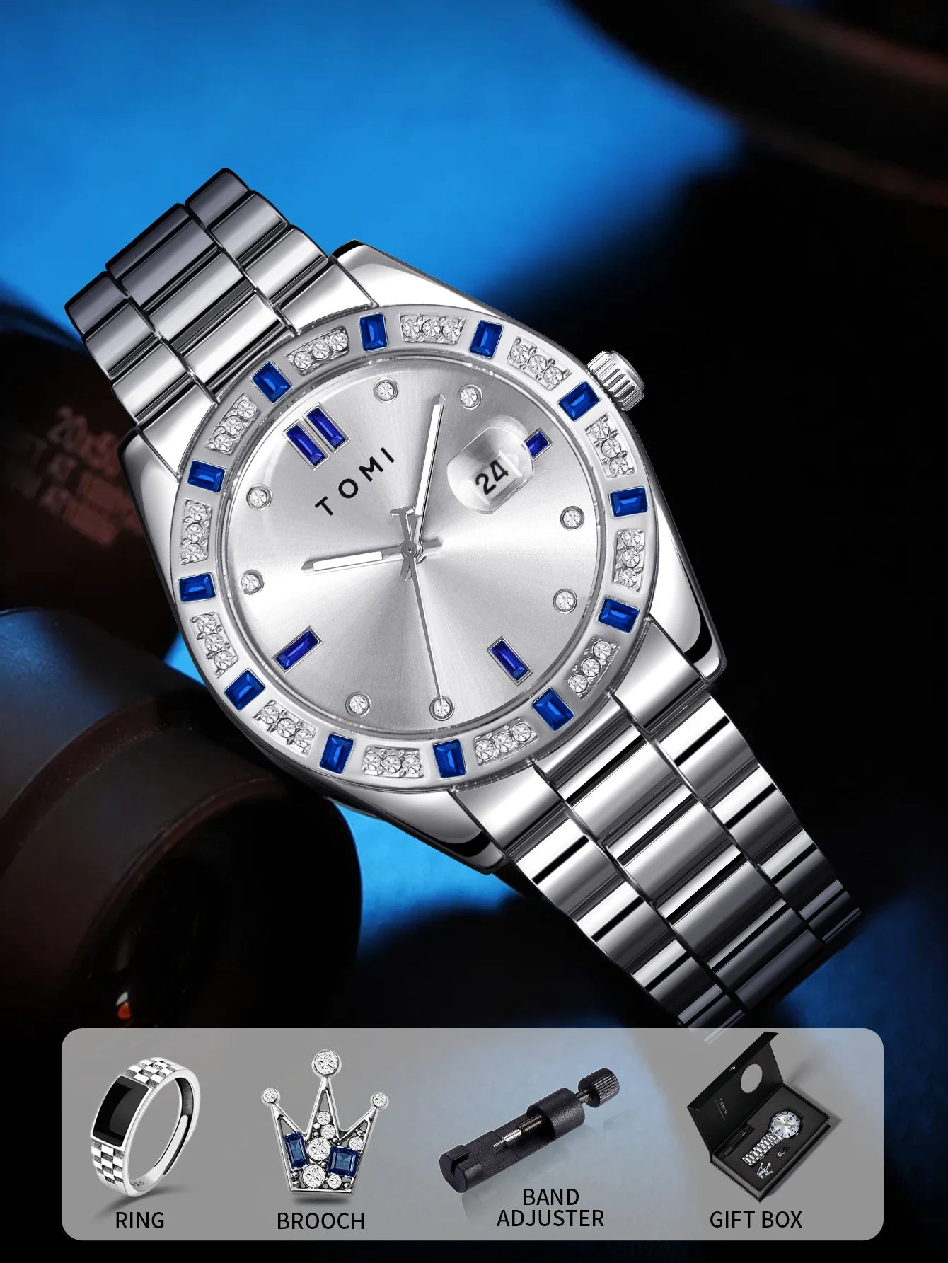 TOMI 4PCS Luxury Business Men's Watch Gift Box Set Luxury Diamond Case Calendar Stainless Steel Strap Quartz Watch Men's Clock