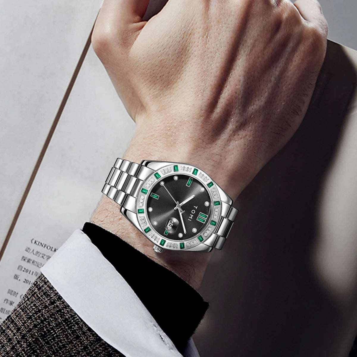 TOMI 4PCS Luxury Business Men's Watch Gift Box Set Luxury Diamond Case Calendar Stainless Steel Strap Quartz Watch Men's Clock