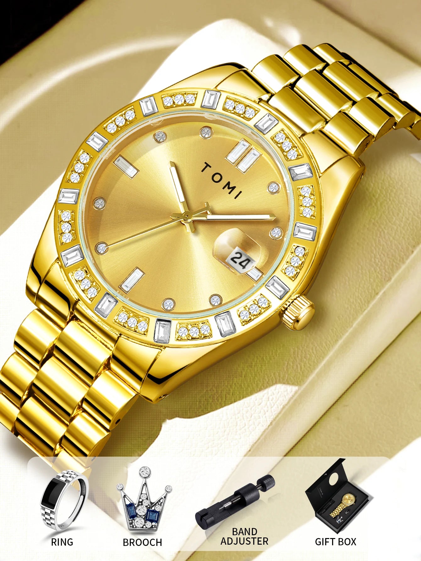 TOMI 4PCS Luxury Business Men's Watch Gift Box Set Luxury Diamond Case Calendar Stainless Steel Strap Quartz Watch Men's Clock