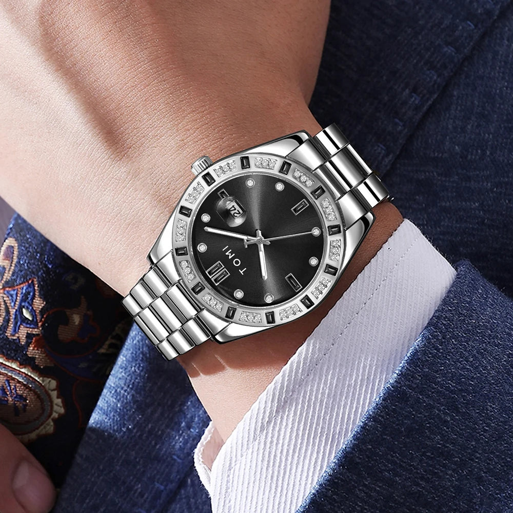 TOMI 4PCS Luxury Business Men's Watch Gift Box Set Luxury Diamond Case Calendar Stainless Steel Strap Quartz Watch Men's Clock